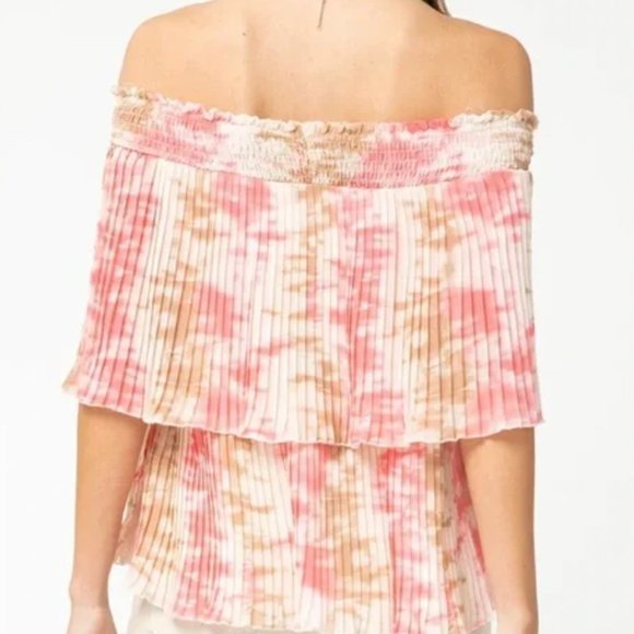 New Anthropologie M L Entro Pink Tie Dye Accordion Pleat Off The Shoulder Top - Picture 6 of 10